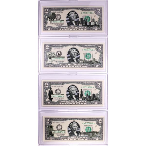 Lot of (4) 2003A $2 Colorized Overprint Federal Reserve Notes in Cases
