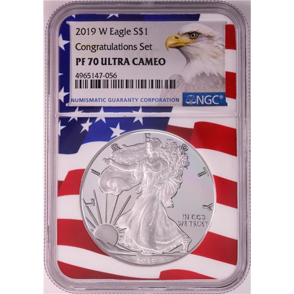 2019-W $1 Proof American Silver Eagle Coin NGC PF70 Ultra Cameo Congratulations Flag
