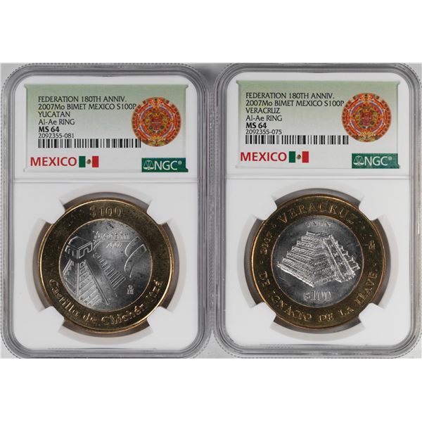 Lot of (2) 2007Mo Mexico Bi-metal 100 Pesos Silver Coins NGC MS64