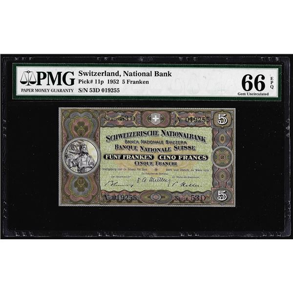 1952 Switzerland 5 Franken Note Pick# 11p PMG Gem Uncirculated 66EPQ