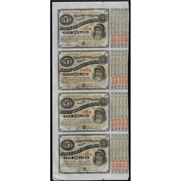 Uncut Sheet of (4) State of Louisiana Baby Bond Obsolete Notes