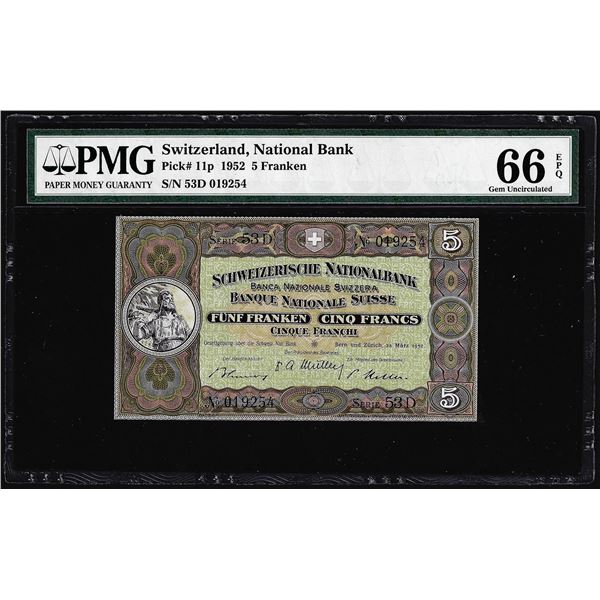 1952 Switzerland 5 Franken Note Pick# 11p PMG Gem Uncirculated 66EPQ