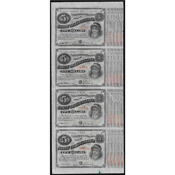 Uncut Sheet of (4) State of Louisiana Baby Bond Obsolete Notes