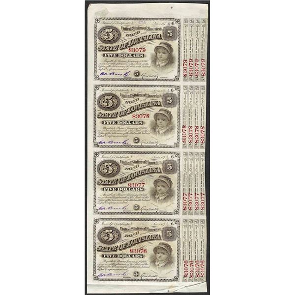 Uncut Sheet of (4) State of Louisiana Baby Bond Obsolete Notes