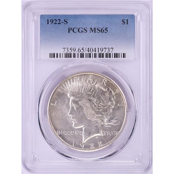 1922-S $1 Peace Silver Dollar Coin PCGS MS65