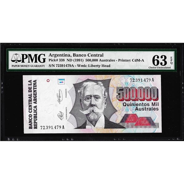 1991 Argentina Banco Central 500,000 Australes Note Pick# 338 PMG Choice Uncirculated 63EPQ