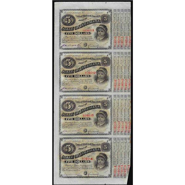 Uncut Sheet of (4) State of Louisiana Baby Bond Obsolete Notes