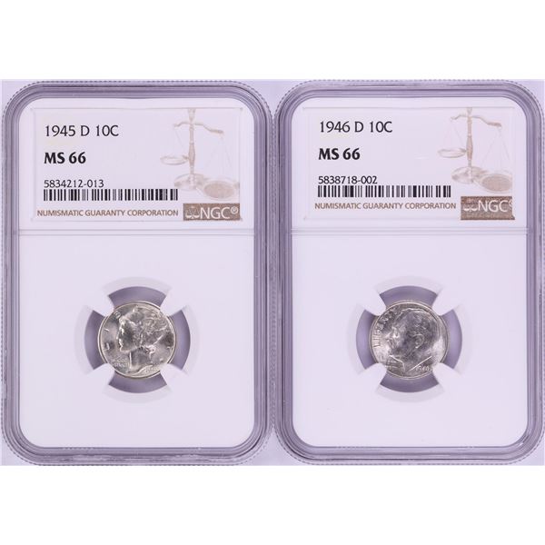 Lot of 1945-D & 1946-D Mercury Dime Coins NGC MS66