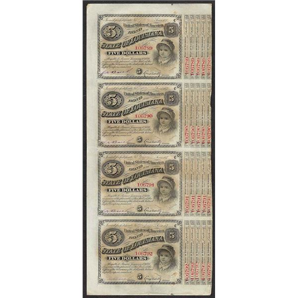 Uncut Sheet of (4) State of Louisiana Baby Bond Obsolete Notes
