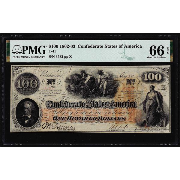 1862 $100 Confederate States of America Note T-41 PMG Gem Uncirculated 66EPQ