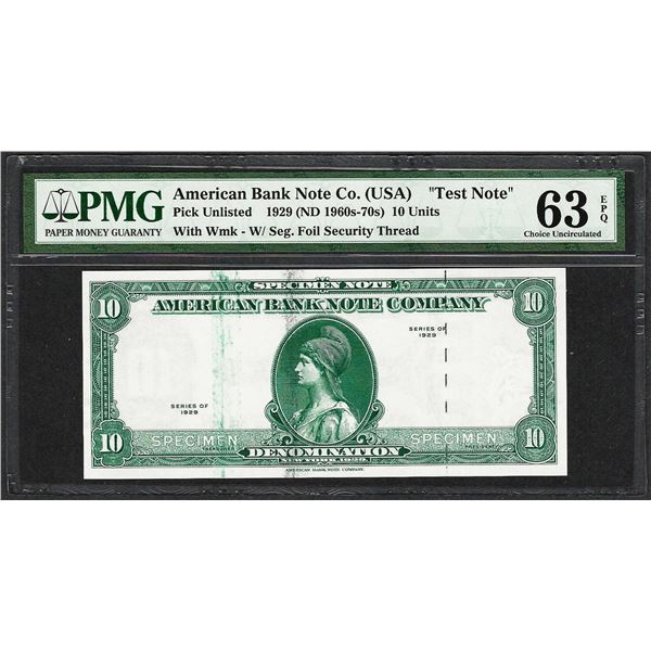1929 10 Unit American Bank Note Co. "Test Note" PMG Choice Uncirculated 63EPQ