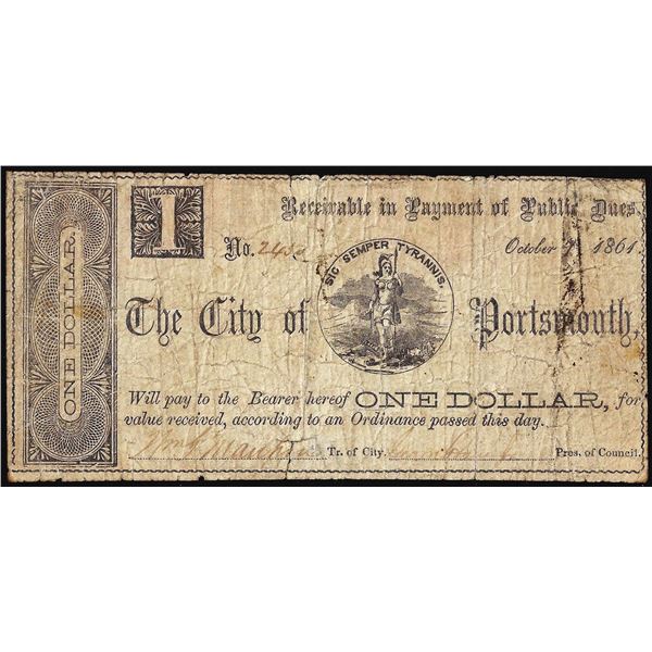 1864 $1 The City of Portsmouth Obsolete Currency Note