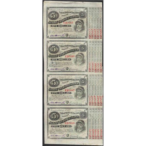 Uncut Sheet of (4) State of Louisiana Baby Bond Obsolete Notes