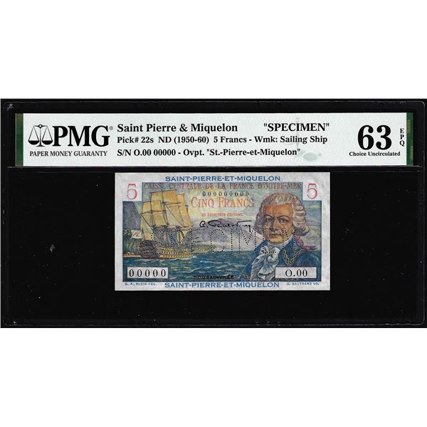 1950-1960 Saint Pierre & Miquelon 5 Francs Specimen Note Pick# 22s PMG Choice Uncirculated 63EPQ