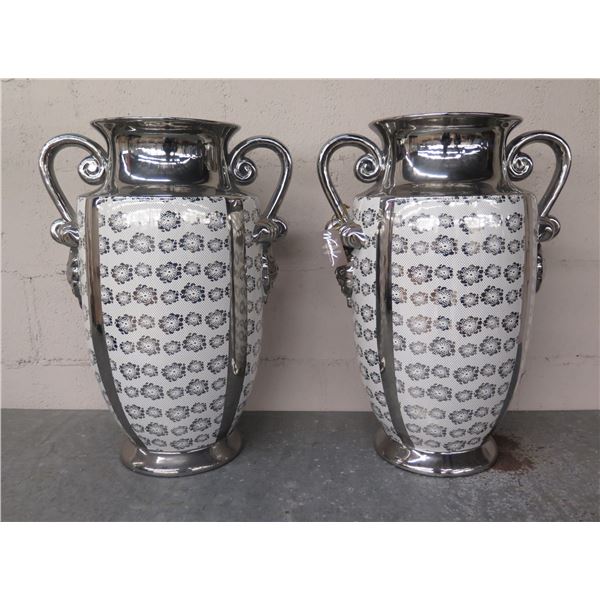 Qty 2 Winward Decorative Urns Vases w/ Lion Handles 10"D x 23"H