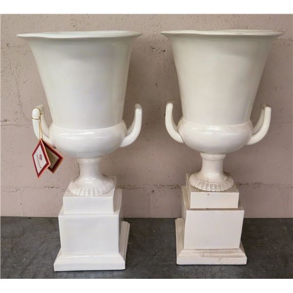 Qty 2 Winward Decorative White Footed Vases w/  Handles 10"D x 22"H