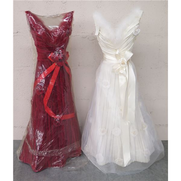 Qty 2 Wedding Gowns: 33" Red Velvet (Sale $129) & White Tulle Displays