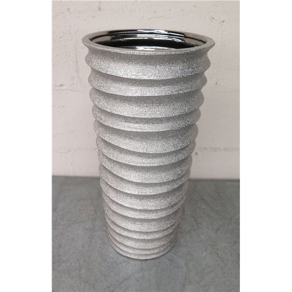 Tall UCI Textured Silver Colored Vase w/ Ribbed Design 9"Dia x 29" Tall
