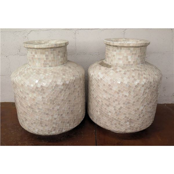 Qty 2 Round Mother of Pearl Mosaic-Tiled Vases 11"D x 25" Tall