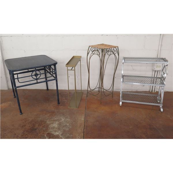 Qty 3 Side Tables: Black Wood 36"H, Narrow Metal, Woven Top & 3 Tier Shelf