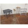Image 2 : Qty 3 Side Tables: Black Wood 36"H, Narrow Metal, Woven Top & 3 Tier Shelf