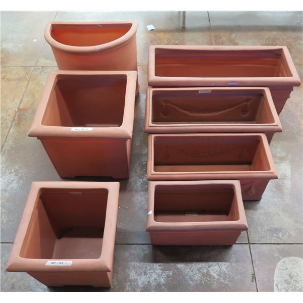 Qty 7 Terra Cotta-Look Plastic Planters: 6 Rectangle 12-17" x 18-38"H & Round Pot