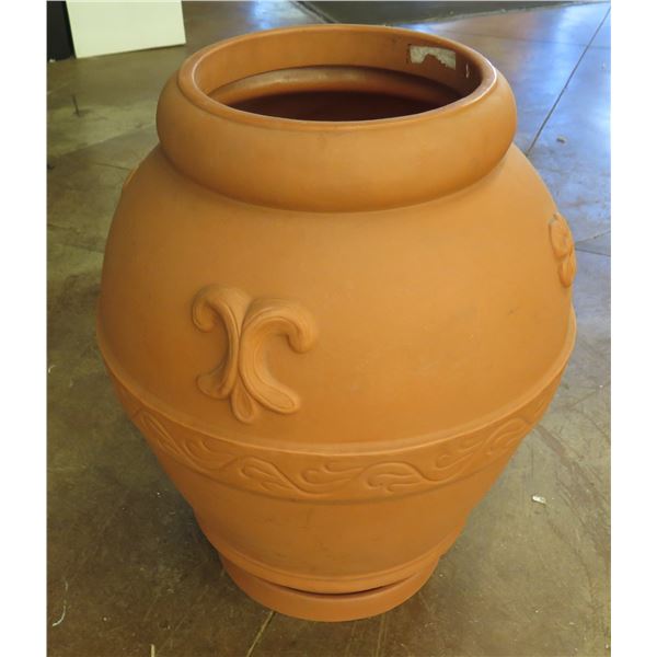 Round Terra Cotta-Style Plastic Vessel w/ Raised Design & Tray Base 21"Dia x 27" Tall