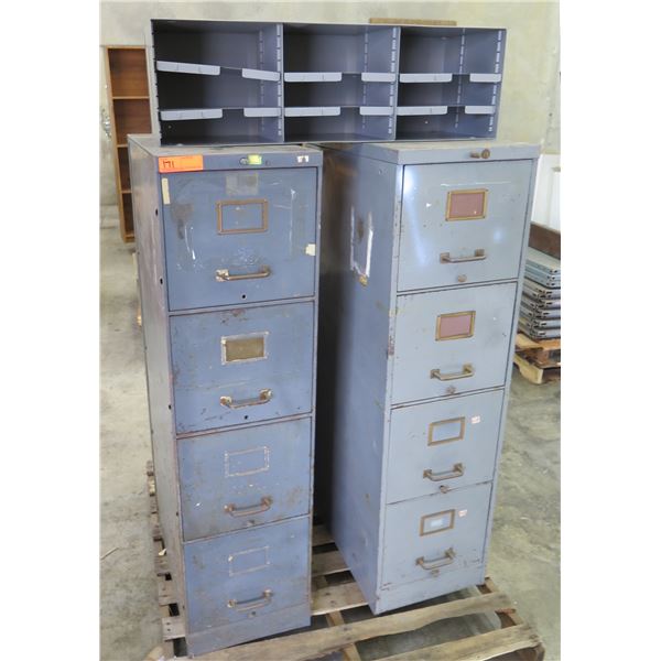 Qty 2 Metal 4 Drawer File Cabinet & 9 Compartment Top Shelf 52"H