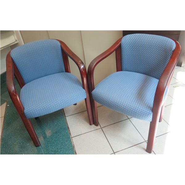 Qty 2 Mueller Stacking Wooden Upholstered Arm Chairs 23"x19"x30"