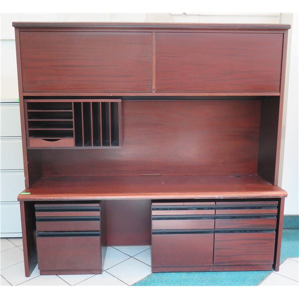 Wooden Multi-Section Desk w/ Hutch, 2 Top Cabinets & 3 File Cabinets 79"x22"x75"