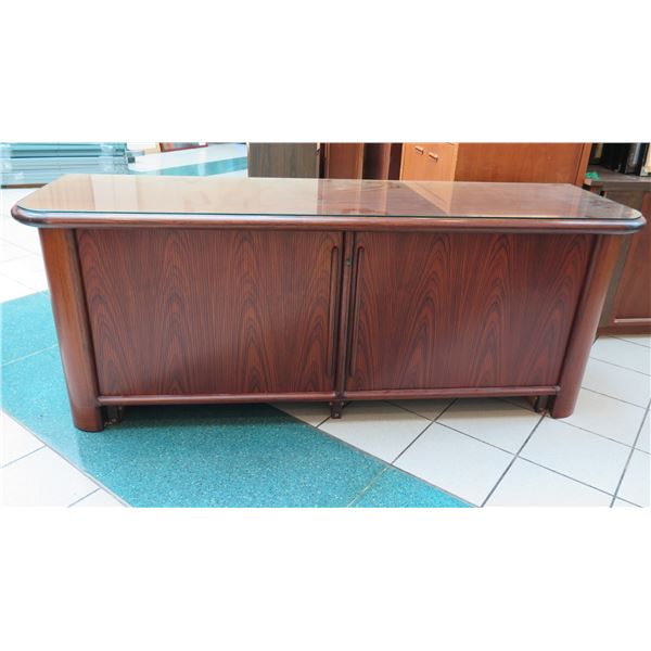 Kibaek Mobelfabrik Wooden Side Cabinet w/ Sliding Doors & Glass Top 77"x22"x30"