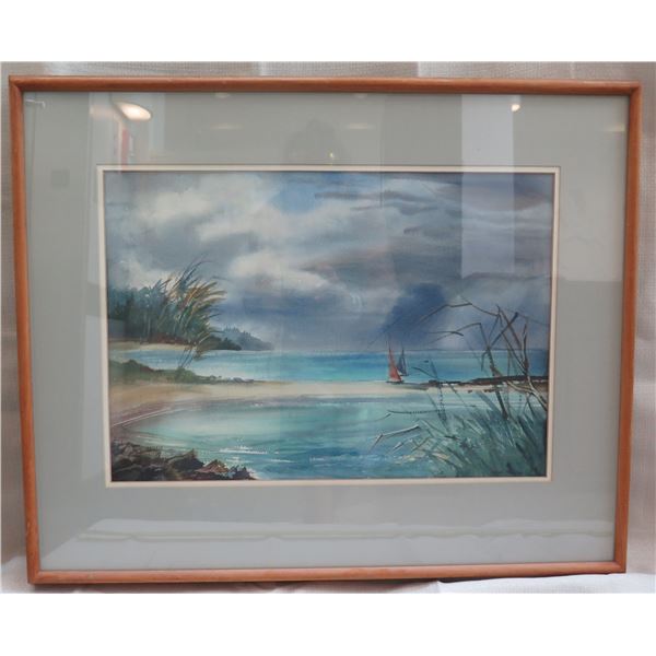 Beach Art Work Signed by Artist Joan Boone Matted in Wooden Frame 32"x27"