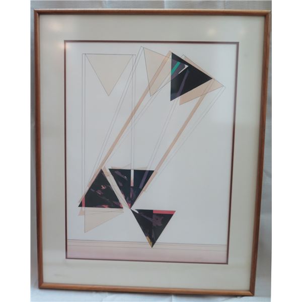 Abstract Art Work Signed by Artist Bushall (?) 18/35 Matted in Wooden Frame 38"H