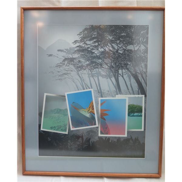 Print w/ Postcards Signed by Artist Thetapha (?) Matted in Wooden Frame 30"x36"