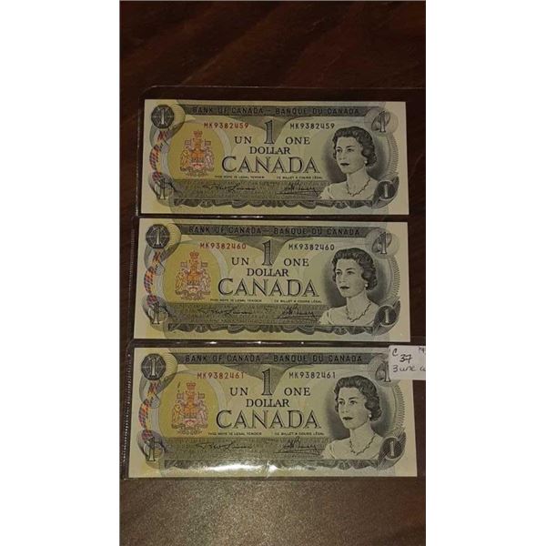 3 CANADIAN 1973 UNC DOLLAR NOTES MK9382459-61