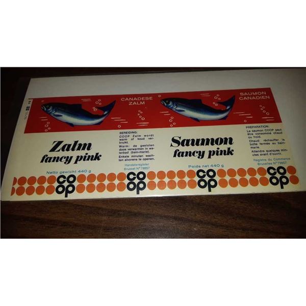 1VINTAGE ZALM FANCY PINK SALMON LABEL 9.75" X 4.75 PRODUCT OF CANADA BRUSSELS (560)