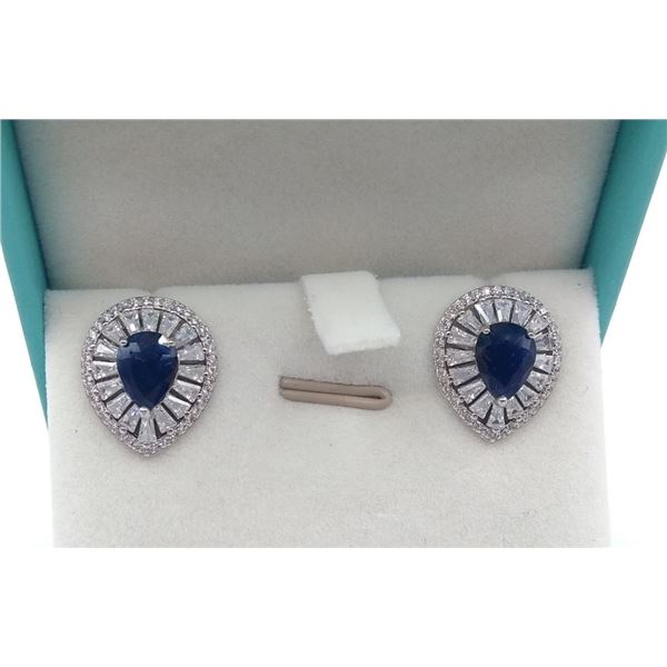 STERLING SILVER EARRINGS SET W/ 2 PEAR SHAPE SAPPHIRE 5.51CTS AND 110 CZ IN FAN STYLE W/ APPRAISAL $