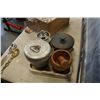 Image 2 : SMALL CAST IRON POT, METAL TIN, WOOD MORTAR AND PESTLE SET, METAL COFFEE GRINDER