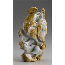 CHINESE CARVED JADE GROUP OF TWO COCKERELS