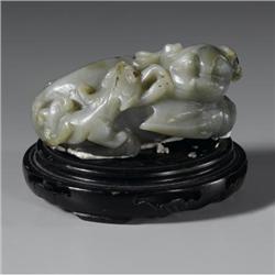 CHINESE CARVED JADE/HARDSTONE FIGURE OF TWO DOGS