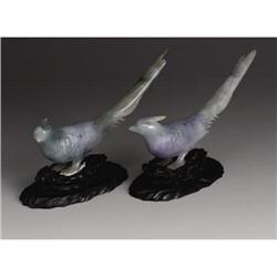 PAIR OF CHINESE CARVED JADE HARDSTONE BIRDS