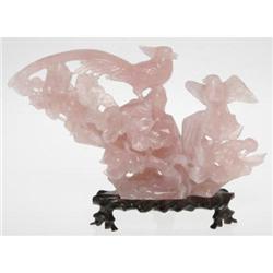 CHINESE CARVED ROSE QUARTZ GROUP OF BIRDS