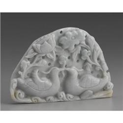 CHINESE CARVED JADE HARDSTONE PLAQUE WITH DUCKS