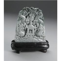 CHINESE CARVED JADE PLAQUE WITH TWO DRAGONS