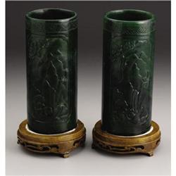 PAIR OF CHINESE JADE HARDSTONE BRUSH HOLDERS
