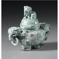 CHINESE CARVED HARDSTONE TRIPOD KORO AND COVER