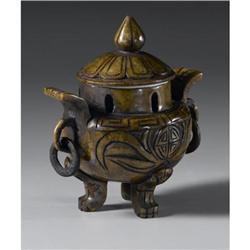 CHINESE CARVED HARDSTONE TRIPOD KORO AND COVER