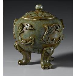 CHINESE CARVED HARDSTONE TRIPOD KORO AND COVER