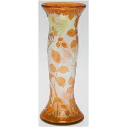 TALL AMBER CUT TO CLEAR BALUSTER GLASS VASE
