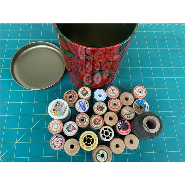 TIN OF THREAD, WOODEN SPOOLS ETC